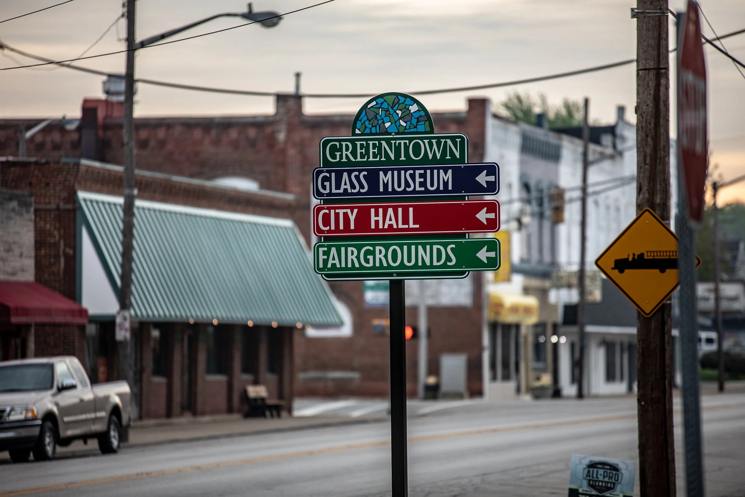 Downtown Greentown sign and streetscape